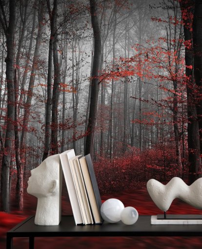 papier peint mural de forêt rouge personnalisable appelé Red Carpet Forest pour chambres