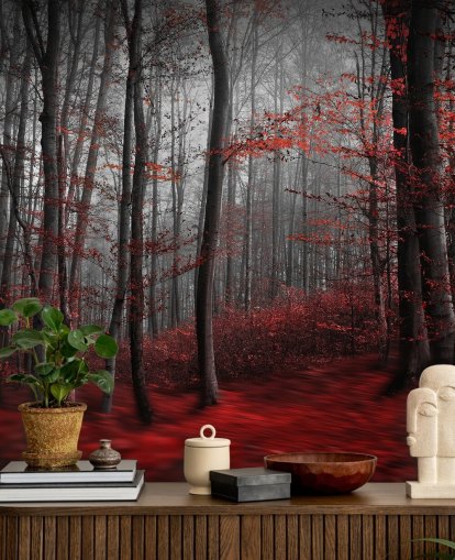 rødt tilpassbart skogtapet veggmaleri kalt Red Carpet Forest for soverom