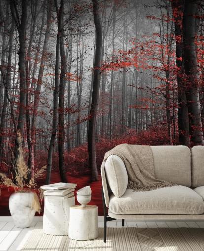 röd anpassningsbar skogstapetväggmålning kallad Red Carpet Forest för sovrum