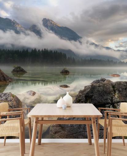 Rocky Misty Lake Wallpaper