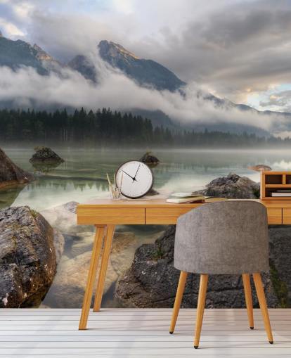 Carta da parati Rocky Misty Lake Carta da parati Rocky Misty Lake