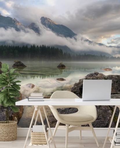 Rocky Misty Lake Baggrund Rocky Misty Lake Baggrund