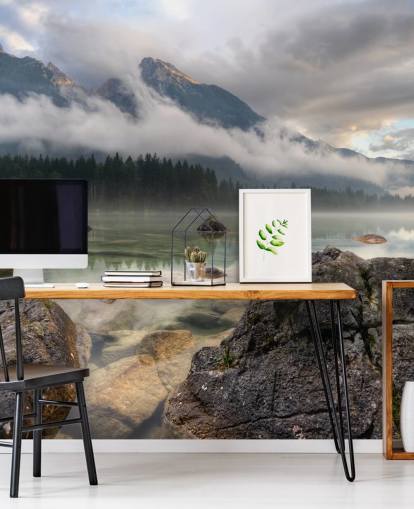 Rocky Misty Lake Wallpaper