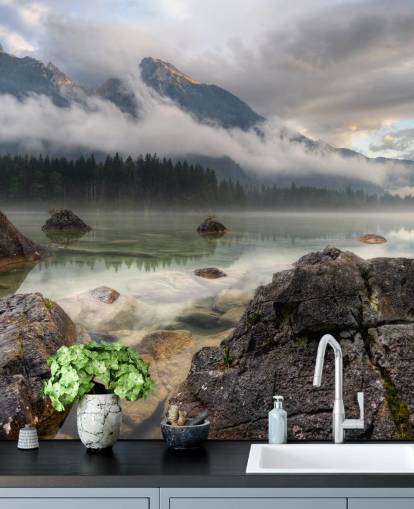 Rocky Misty Lake Wallpaper