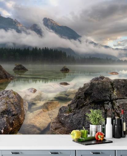 Rocky Misty Lake Wallpaper