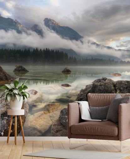 Rocky Misty Lake Baggrund Rocky Misty Lake Baggrund