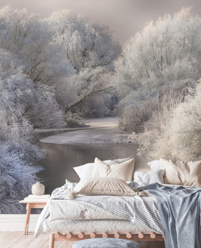 Fondo de pantalla de bosque nevado y lago Fondo de pantalla de bosque nevado y lago