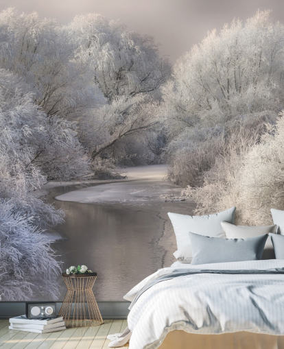 Snöig skog och Lake Bakgrund
