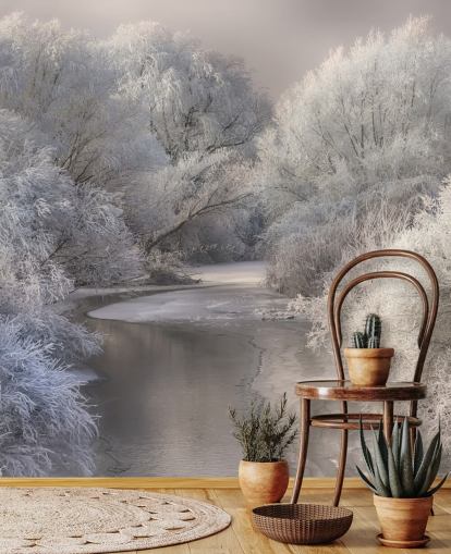 Verschneite Wald- und See-Tapete