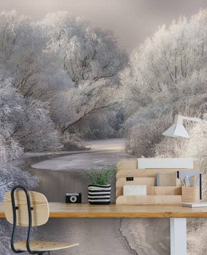 Snöig skog och Lake Bakgrund