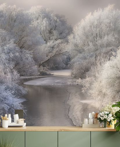 Snöig skog och Lake Bakgrund