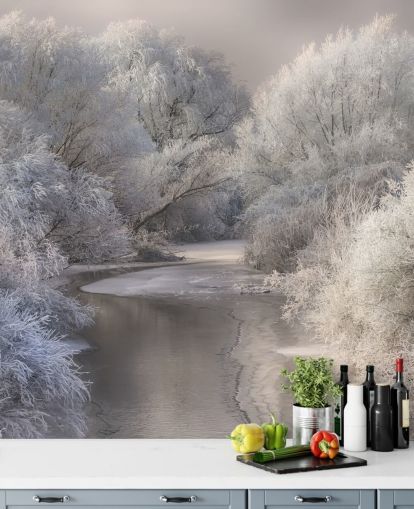 Fondo de pantalla de bosque nevado y lago Fondo de pantalla de bosque nevado y lago