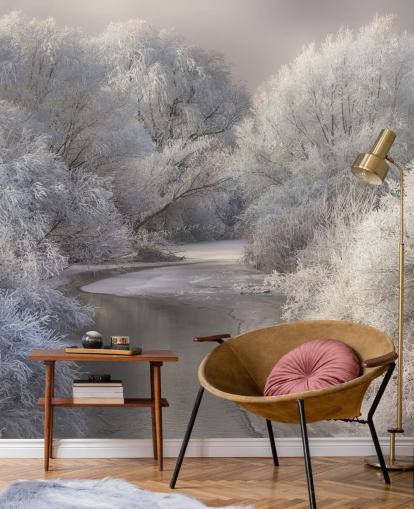 Fondo de pantalla de bosque nevado y lago