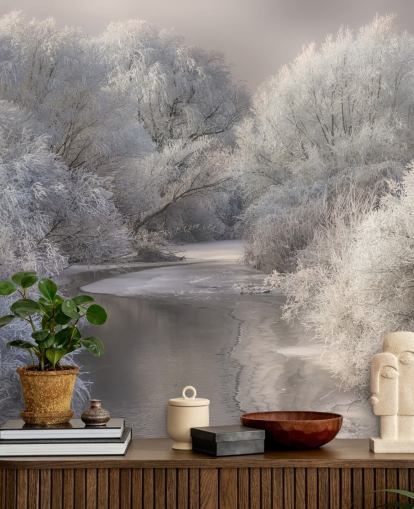 Snowy Forest and Lake Wallpaper