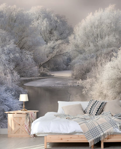 Fondo de pantalla de bosque nevado y lago