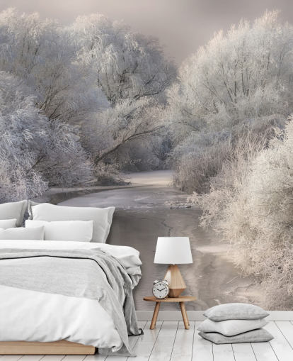 Snøhvit skog og innsjø tapet