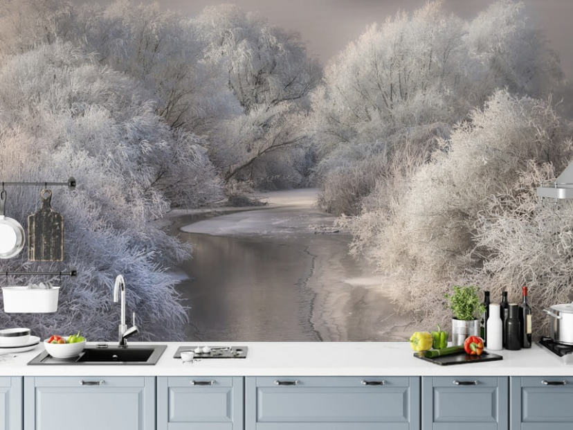 Papier Peint Forêt et Lac enneigés