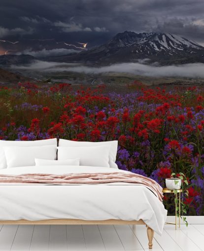 red and purple flower meadow with mountain wallpaper