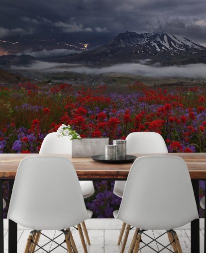 red and purple flower meadow with mountain wallpaper