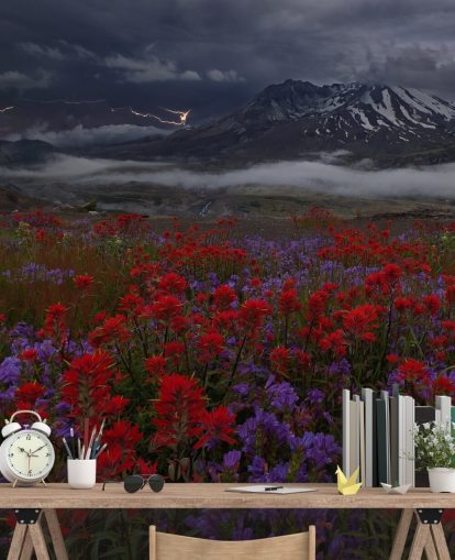 red and purple flower meadow with mountain wallpaper