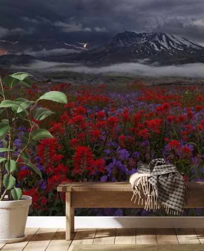 red and purple flower meadow with mountain wallpaper