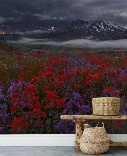 red and purple flower meadow with mountain wallpaper red and purple flower meadow with mountain wallpaper