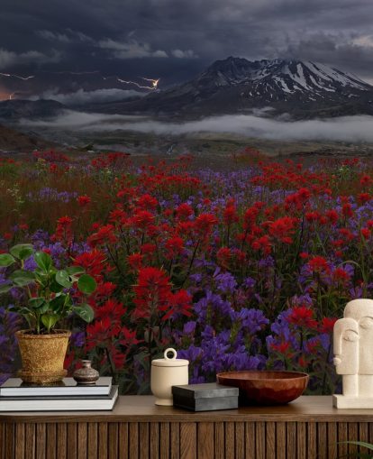 red and purple flower meadow with mountain wallpaper