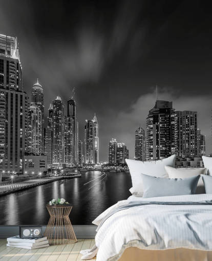zwart-wit dubai's nachts behang