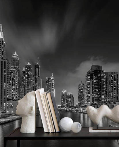 Schwarz-Weiß-Dubai bei Nacht Tapete