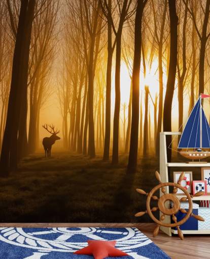 donkere aanpasbare bosbehangmuurschildering genaamd Forest Stag van 1x voor slaapkamers of keukens