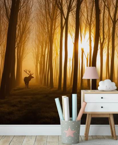donkere aanpasbare bosbehangmuurschildering genaamd Forest Stag van 1x voor slaapkamers of keukens