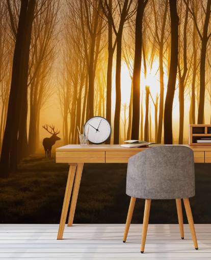 donkere aanpasbare bosbehangmuurschildering genaamd Forest Stag van 1x voor slaapkamers of keukens