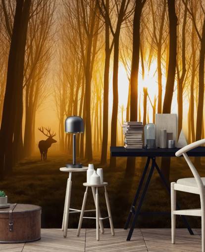 donkere aanpasbare bosbehangmuurschildering genaamd Forest Stag van 1x voor slaapkamers of keukens