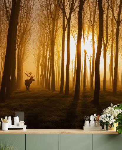 dark customisable forest wallpaper mural called Forest Stag by 1x for bedrooms or kitchens