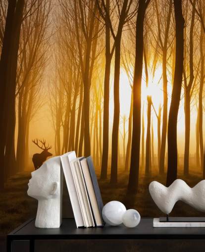 dark customizable forest wallpaper mural called Forest Stag by 1x for bedrooms or kitchens