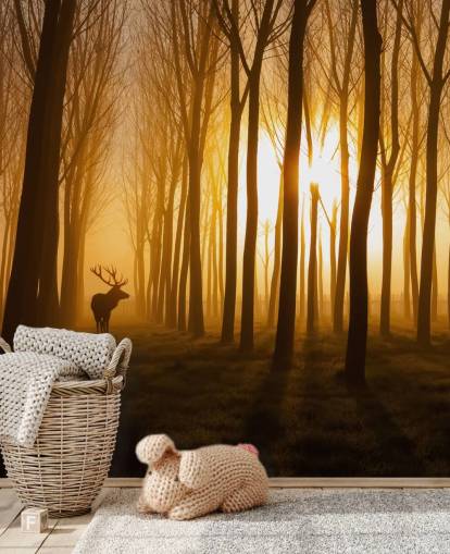 mural oscuro personalizable de papel pintado de bosque llamado Forest Stag by 1x para dormitorios o cocinas