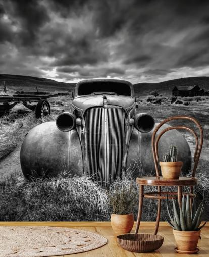 mural de papel pintado de coches antiguos en blanco y negro llamado Too Old to Drive by 1x - Artista Carsten Schlipf