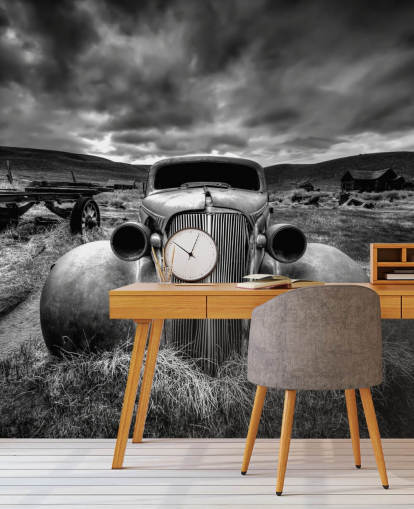 mural de papel pintado de coches antiguos en blanco y negro llamado Too Old to Drive by 1x - Artista Carsten Schlipf