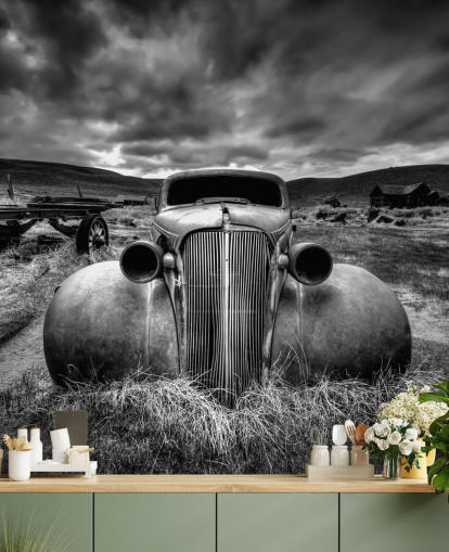 black and white vintage car wallpaper mural called Too Old to Drive by 1x - Artist Carsten Schlipf