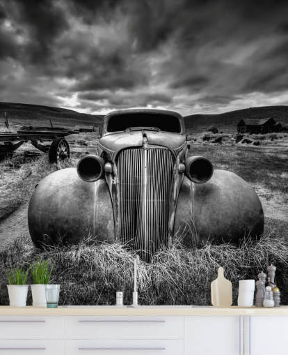 black and white vintage car wallpaper mural called Too Old to Drive by 1x - Artist Carsten Schlipf