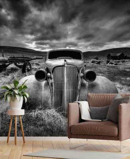 mural de papel pintado de coches antiguos en blanco y negro llamado Too Old to Drive by 1x - Artista Carsten Schlipf