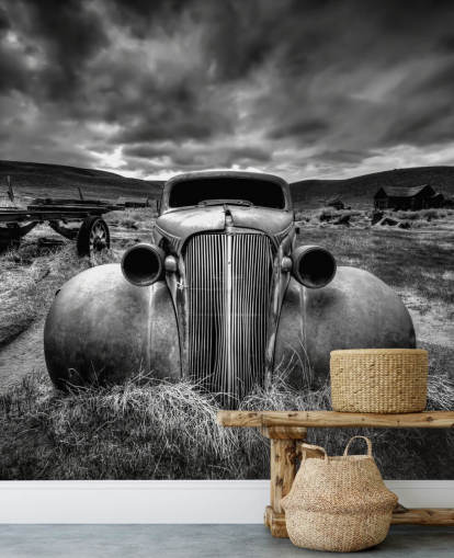 black and white vintage car wallpaper mural called Too Old to Drive by 1x - Artist Carsten Schlipf