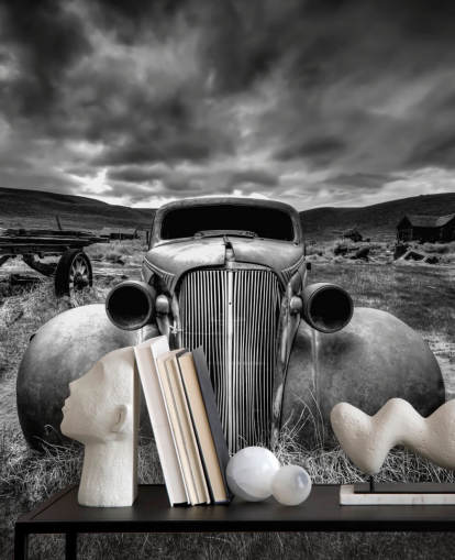 black and white vintage car wallpaper mural called Too Old to Drive by 1x - Artist Carsten Schlipf