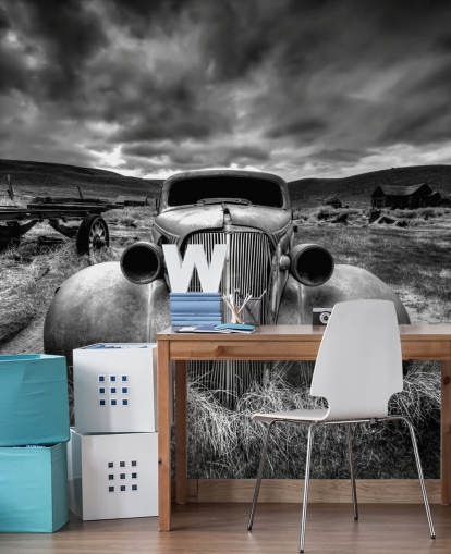 mural de papel de parede de carro vintage em preto e branco chamado Too Old to Drive by 1x - Artista Carsten Schlipf mural de papel de parede de carro vintage em preto e branco chamado Too Old to Drive by 1x - Artista Carsten Schlipf