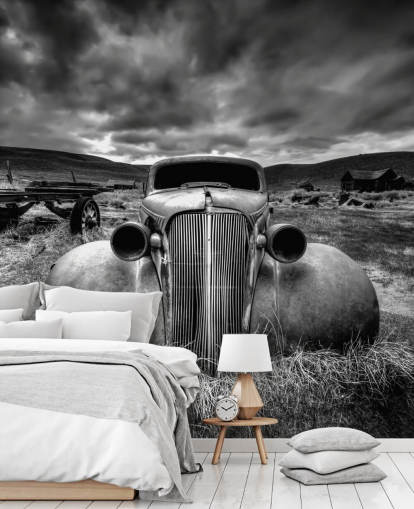 mural de papel pintado de coches antiguos en blanco y negro llamado Too Old to Drive by 1x - Artista Carsten Schlipf