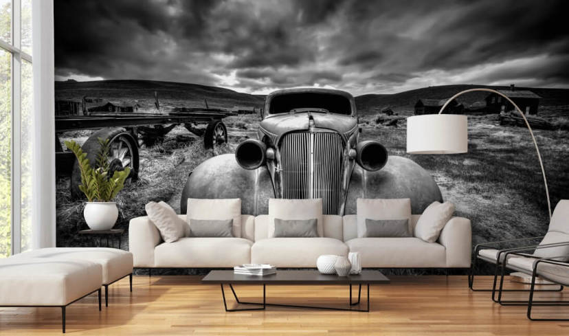 mural de papel pintado de coches antiguos en blanco y negro llamado Too Old to Drive by 1x - Artista Carsten Schlipf