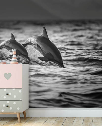 Carta da parati con delfini in bianco