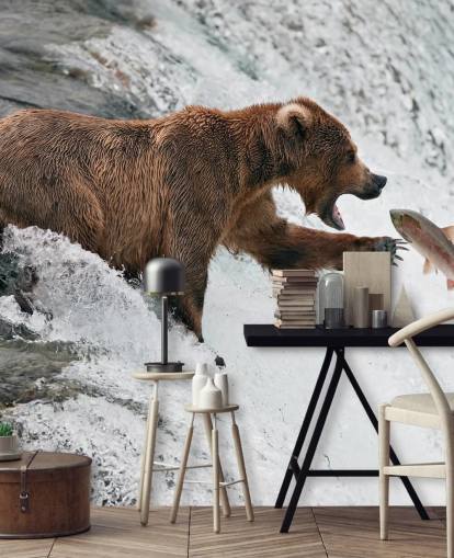 papel de parede urso pegando peixe