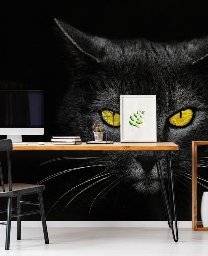 papel pintado de cara de gato negro con ojos amarillos