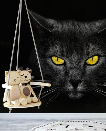 papel pintado de cara de gato negro con ojos amarillos